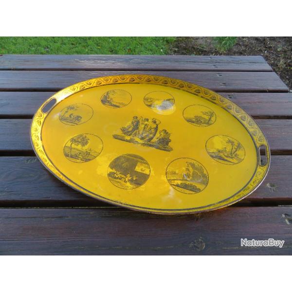 VINTAGE - Authentique ancien grand plateau en t�le laqu� jaune (�poque 19�me si�cle)