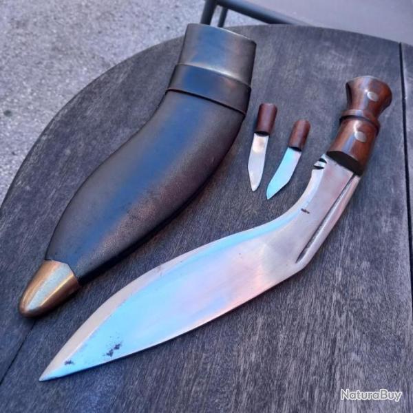 Grand , Gros et Solide Couteau KUUKRI avec ses 2 petits Couteaux, Manche en Bois avec �tui en Cuir