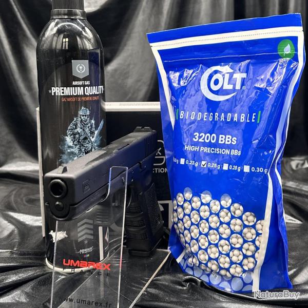 Nouveau- "Pack pr�t � tirer" - GLOCK 17 - Cal. BBs 6mm - Airsoft ( Bouteille de gaz + 3200 Billes )