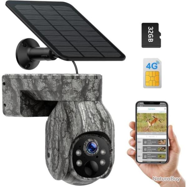 Cam�ra de Chasse 4G sans Fil avec Carte SIM, 2K HD 3MP Camera de Chasse Solaire avec Carte SD 32 Go