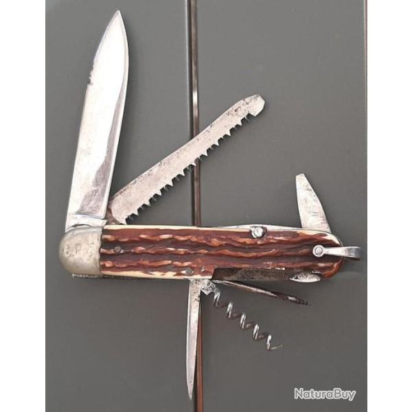 Grand Couteau � pompe Multifonctions INOX France VINTAGE Chasse Arm�e L�gion Parachutistes ORIGINAL