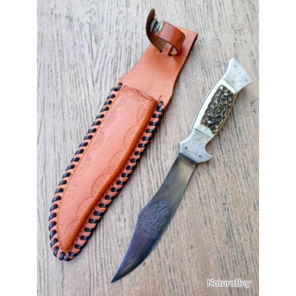 ANCIEN POIGNARD MANCHE CERF MITRE ALU PLEIN . AVEC FOURREAU . .. PETIT  PRIX  ...