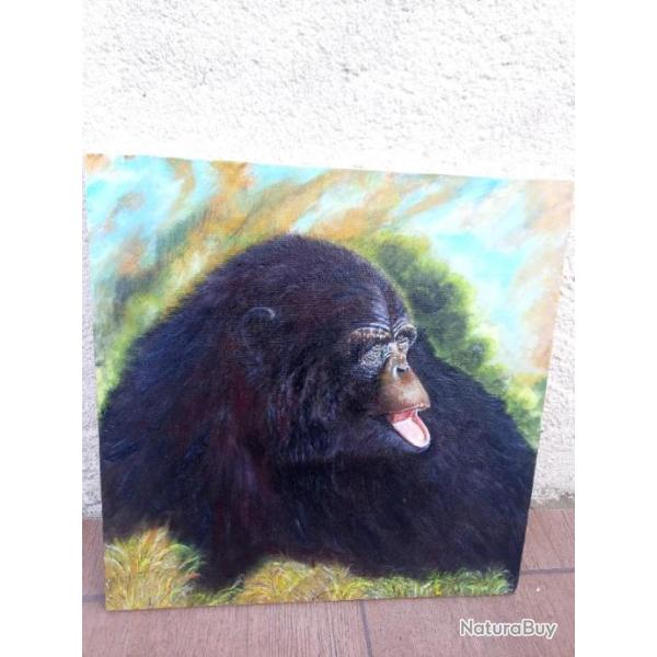 BELLE PEINTURE SUR TOILE D UN JEUNE GORILLE  .
