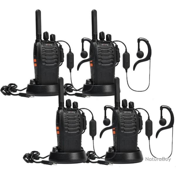 Talkie Walkie 4pcs 16 Canaux PMR446 Radio sans Licence Base de Charge USB Casque Lampe