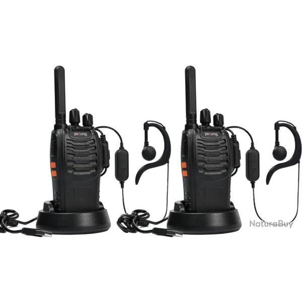 Talkie Walkie 2pcs PMR446 Radio sans Licence 16 Canaux Base de Charge USB Casque Lampe