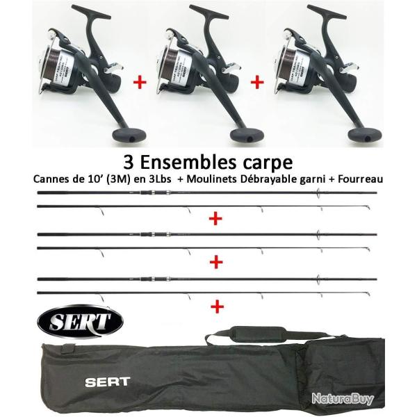 Set Pr�t � P�cher Carpe Sert, 3 Cannes de 10' (3m) + 3 Moulinets D�brayable + Fourreau