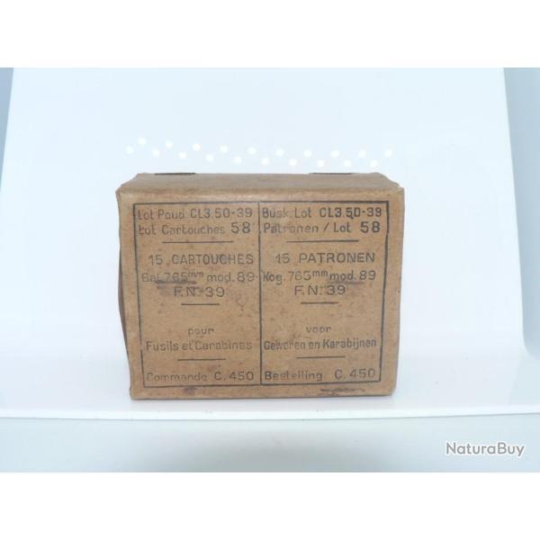1 boite pleine de 15 cartouches de 7,65x54 mauser belge Mle 1889
