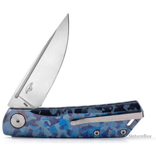 Couteau Real Steel Luna Blue Camo Lame Acier N690 Satin Manche Titane SlipJoint Clip RS7001TC04B