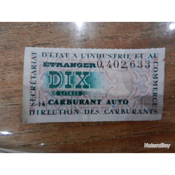 ancien ticket de carburant auto 10 litres secr�tariat d'�tat � l'industrie et au commerce