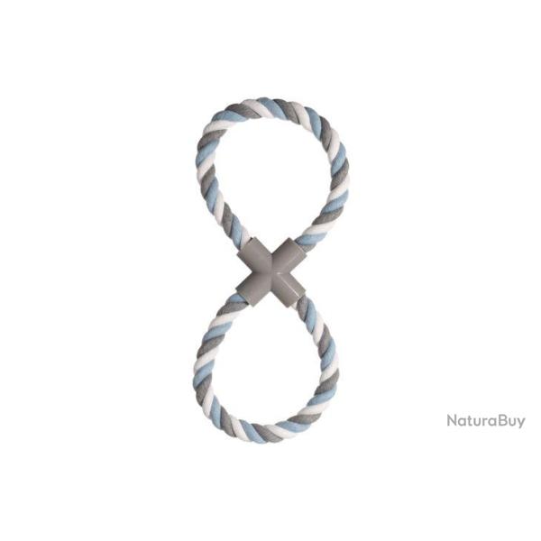 JOUET CHIEN COTON CORDE A TIRER 8 ANNEAUX BLEU BLANC GRIS 37CM