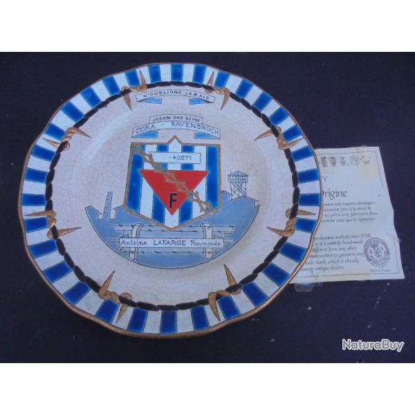 Assiette Comm�morative N'OUBLIONS JAMAIS DORA-RAVENSBRUCK Nominative Longwy WW2 WW2
