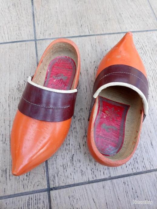 BBL2 VINTAGE HIPPIE Ancienne PAIRE DE SABOTS bois cuir peau de CHEVRE