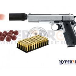 Pack Colt 1911 A1 Chrome + balles &agrave; blanc + lanceur balle caoutchouc