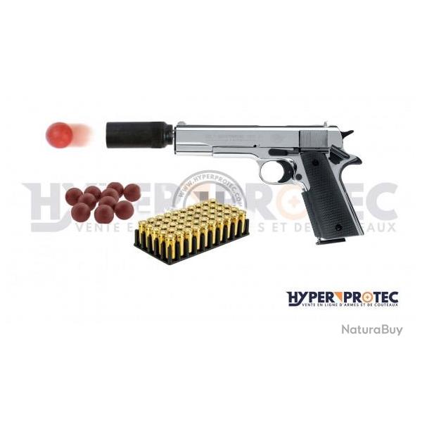 Pack Colt 1911 A1 Chrome + balles � blanc + lanceur balle caoutchouc