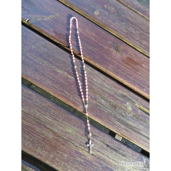 VINTAGE - Ancien chapelet en m�tal argent� et perles couleur "Fushia/Rose drag�e" (Vers 1950-60)