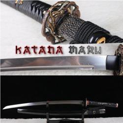 Authentique sabre japonais en Acier Damas. Katana Forg&eacute; &agrave; la Main - Vrai peau de raie sur le fourrea
