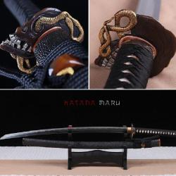 Katana en Acier Damas Tremp&eacute; &agrave; l'Argile - Vrai peau de raie tsuka et saya - &Eacute;p&eacute;e de Samoura&iuml; Japonai