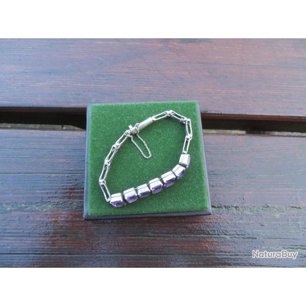 VINTAGE - Ancien bracelet en Argent orn de pierres violettes avec sa chaine de scurit (Vers 1920)