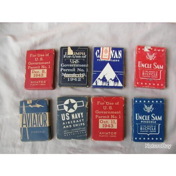 WW2 US LOT DE 8 JEUX DE CARTES A JOUER AMERICAINS 42 43 SCELLE RECONNAISSANCE RED CROSS UNCLE SAM