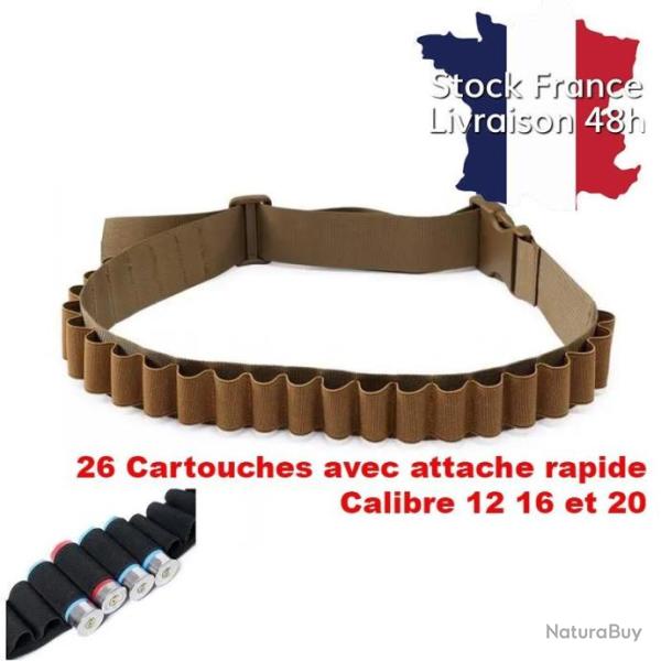 Cartouchi�re bandouli�re tan 26 cartouches calibre 12, 16 ou 20 - Envoi rapide depuis la france