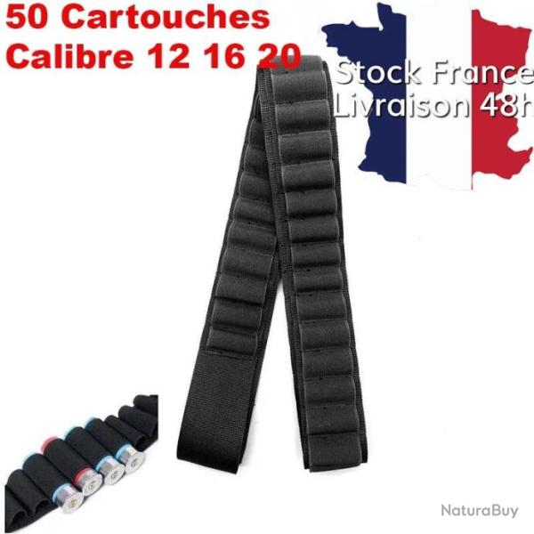 Cartouchi�re bandouli�re noire 50 cartouches calibre 12, 16 ou 20 - Envoi rapide depuis la france