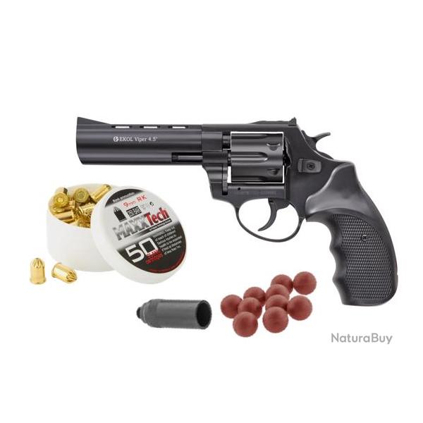 Pack d�fense REVOLVER VIPER 4.5'' + Munitions + Embout Self Gomm - NOIR/BLACK 9MM R