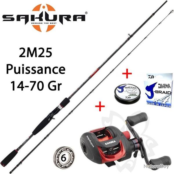 Pack Leurre Casting Sakura Redbird 742 XH + Moulinet Kuanza Baitcasting + Tresse Daiwa