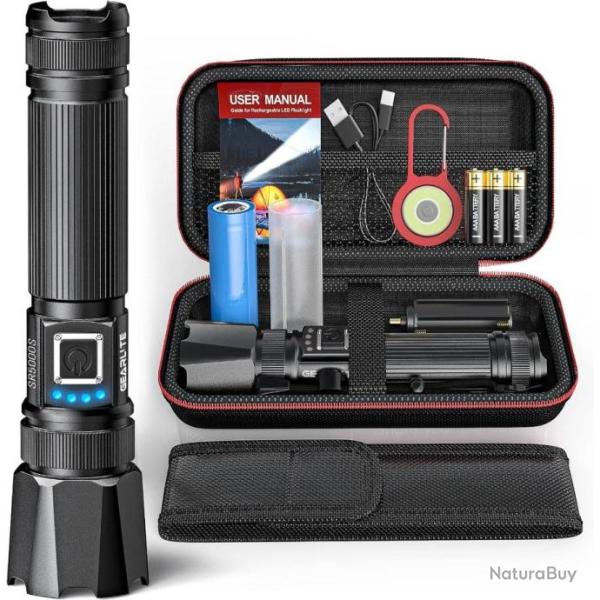 Lampe Torche LED 10000 Lumens Ultra Puissante Tactique Rechargeable USB avec 5 Modes IP65 tanche