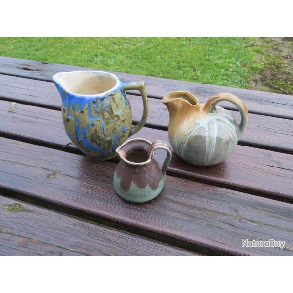 VINTAGE - Ancien lot de 3 Pichets/Cruches en C�ramique Verniss�e (Vers 1950-60)