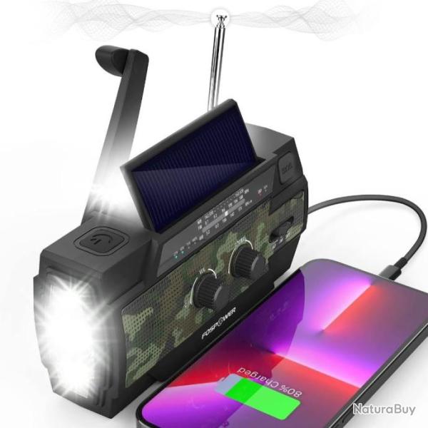 Radio d'Urgence Mto Solaire 4000mAh AM/FM Manivelle Piles Chargeur de Batterie Portable Camouflage