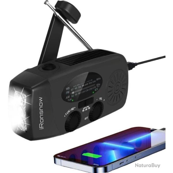 Radio d'Urgence Solaire 2000mAh Mto Portable AM/FM Manivelle Piles Chargeur de Batterie Noir