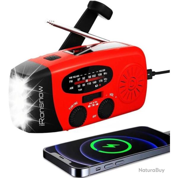 Radio d'Urgence Mto Solaire Portable AM/FM Manivelle Piles Chargeur de Batterie 2000mAh  Rouge
