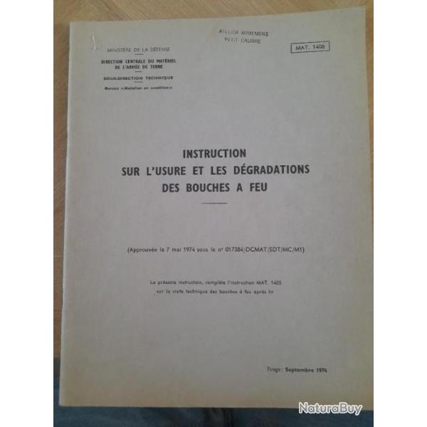 livret sur l instruction sur l Usure et d�gradations des Bouches � feu mat 1406