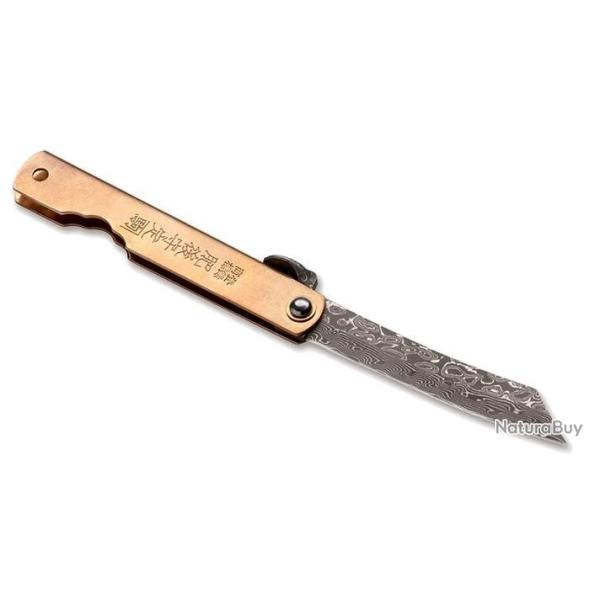 Couteau fermant Boker Higonokami kinzoku damascus or manche cuivre lame 7,5cm