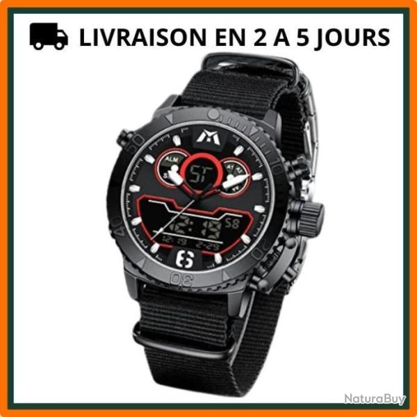 Montre militaire - Chronographe - Ecran LED - Acier inoxydable - Analogique - Noir et LED rouge