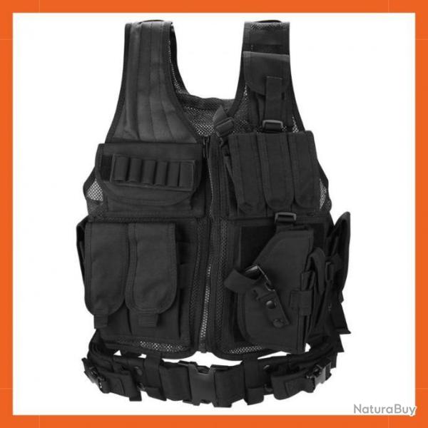 Gilet tactique militaire multipoches - Airsoft, chasse, etc. - Noir - Livraison gratuite et rapide