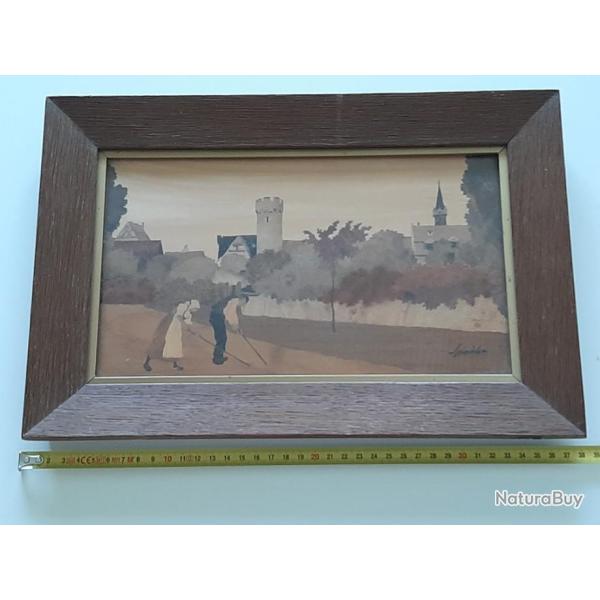 Tableau marqueterie sign� Spindler, situ� avec titre au dos et origine d'achat.