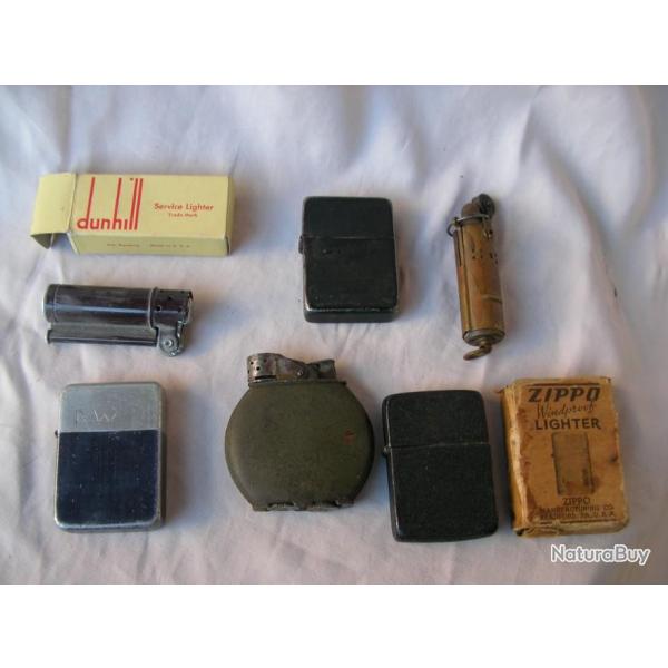 WW2 US LOT DE 6 BRIQUETS/ZIPPOS AMRICAIN EVANS DUNHILL ZIPPO PARKS BOWERS THE WINDY RARE