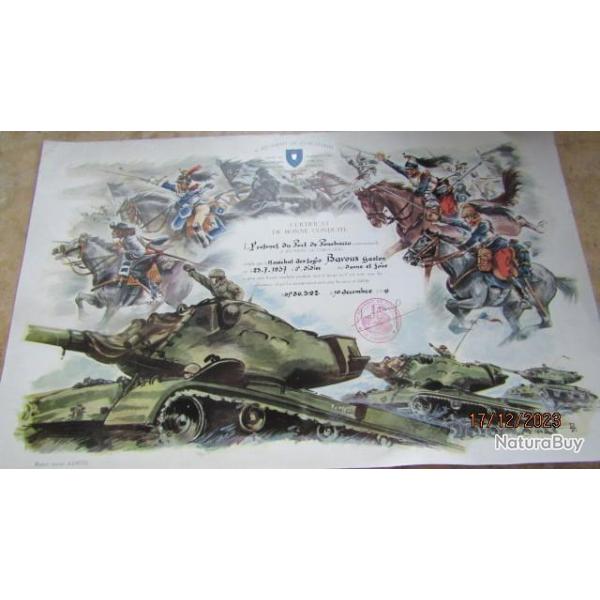 dipl�me certificat bonne conduite 1959 guerre Alg�rie 6� r�giment de cuirassiers cavalerie  ABC char