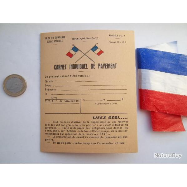 document militaire carnet individuel de payement  ann�es 1970/80 solde en campagne solde speciale
