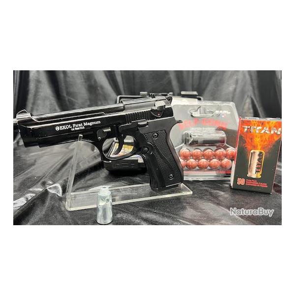 Pack d�fense - Pistolet FIRAT MAGNUM Noir- 9mm PAK + 50 Munitions balles � Blanc + Embout Self Gomme