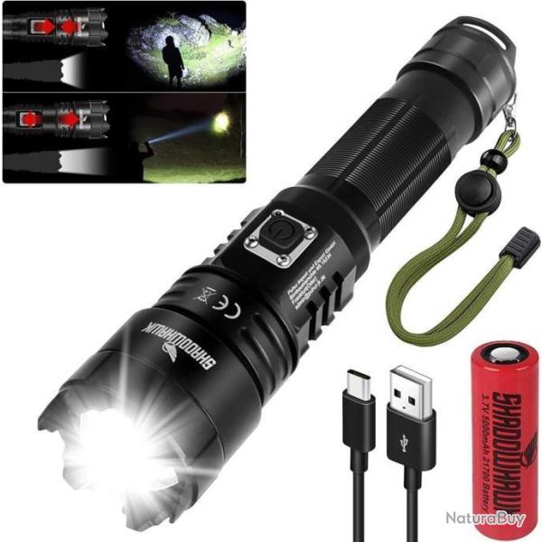 Lampe Torche LED 20000  Lumens Ultra Puissante Batterie Lithium Zoom tanche Pche Camping Randonne