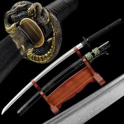 katanas japonais lame avec rainure de sang en acier pli&eacute;, tranchant rasoir, et Tsuba serpent vert