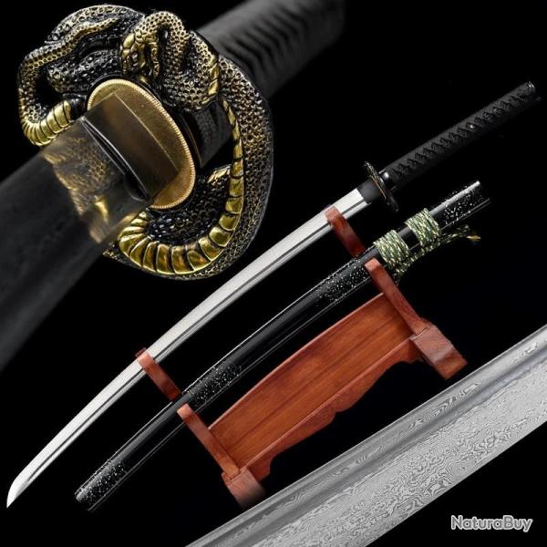 katanas japonais lame avec rainure de sang en acier pli�, tranchant rasoir, et Tsuba serpent vert