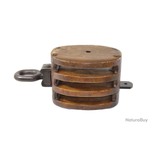 Grande poulie � trois roues, triple, navire / bateau, d�coration marin. Bois et fer forg� 19e Si�cle