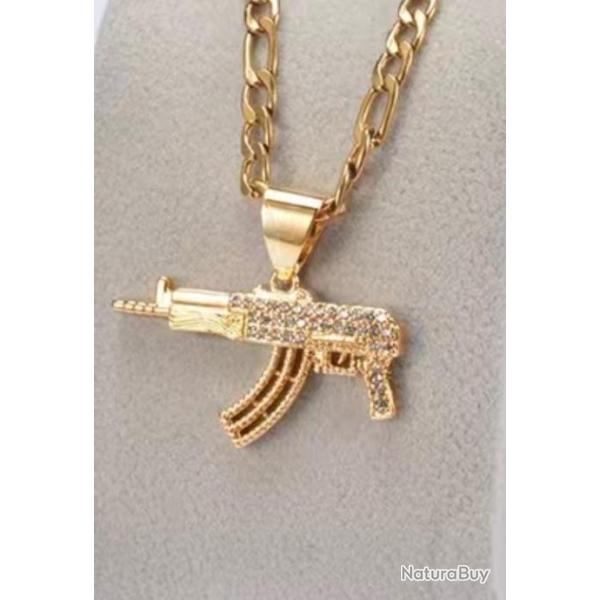 Pendentif avec cha�ne ak47 aksu krinkov acier inoxydable plaqu� or 18 K
