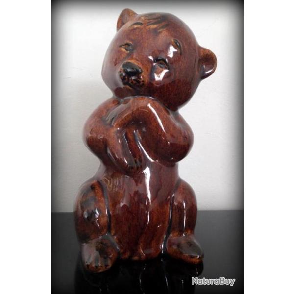 Tirelire ours brun-porcelaine �maill�e comme neuf-ann�es 80-D�coration..Cadeau...Collection tirelire