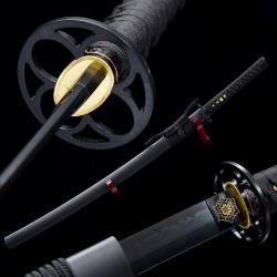 Katana japonais full noir-acier T10 avec vrai hamon (lame tremp&eacute;e &agrave; l'argile)