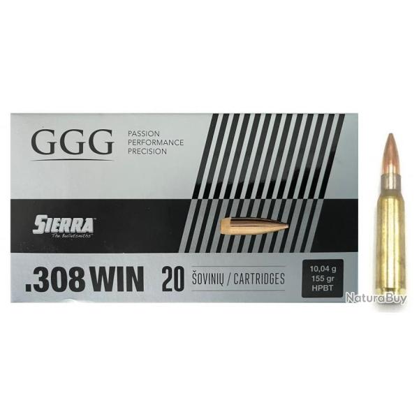Cartouches GGG Cal. 308 WINCHESTER 155grs HPBT - Ogives SIERRA - Boite de 20 units