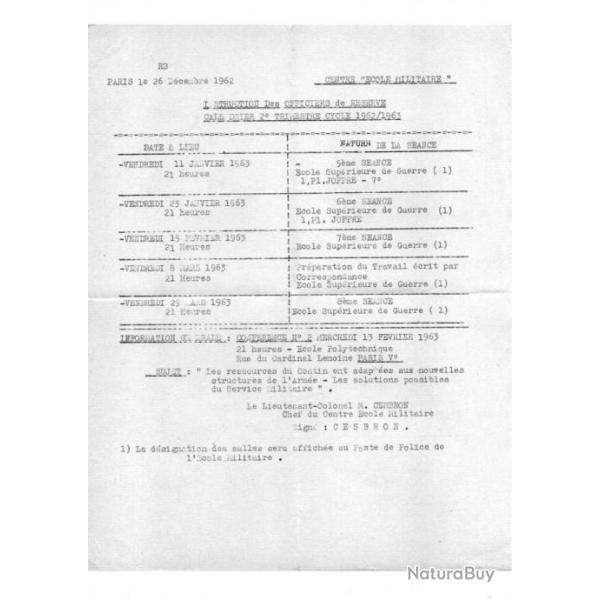 document ann�e 1960 �cole militaire officiers de r�serve